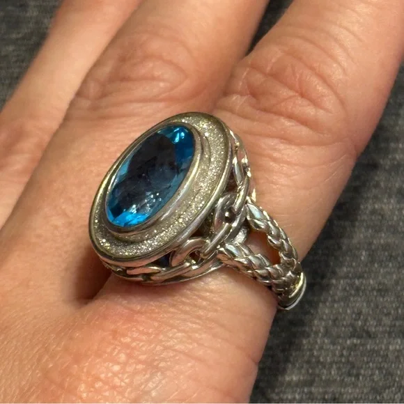 Sterling Silver Oval Blue Topaz Gemstone Ring w Braided & Chain Band, Sz 8 - Picture 3 of 8